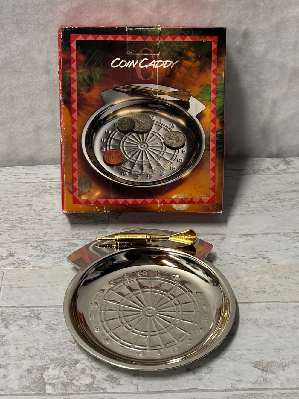 Vintage Coin Caddy Trinket Dish Dresser Tray Pocket Change Darts Dart Board NEW
